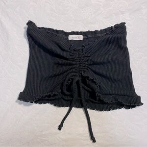 Stretchy Fitted Tube Top Cinch Crop Top Shirt Ribbed Black Ruffled Edges Tie